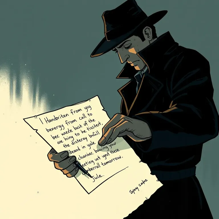 Cinematic illustration of a detective in a hat and trench coat reading a handwritten note in dim light.