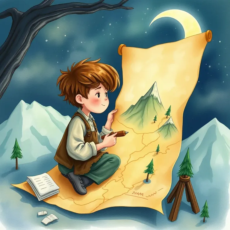 Watercolor illustration of a young mapmaker kneeling on a moonlit hillside beside a long scroll map of green mountains.