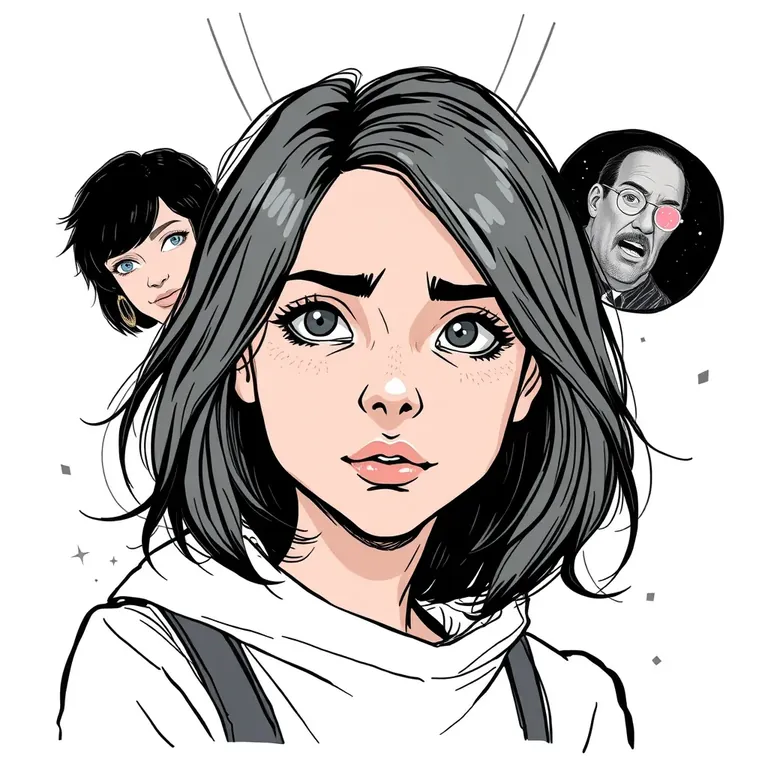 Sketch illustration of a worried young woman with two unfamiliar faces floating beside her like borrowed memories.